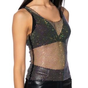 AKIRA Black Iridescent Sleeveless Rhinestone Mesh Blouse for women party club